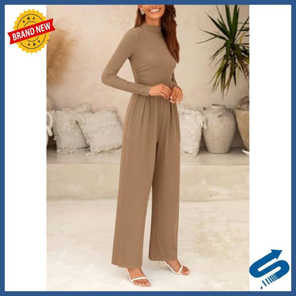 Long Sleeve Mock Neck Jumpsuit Wide Leg Pockets Fall Fashion - Picture 5 of 8